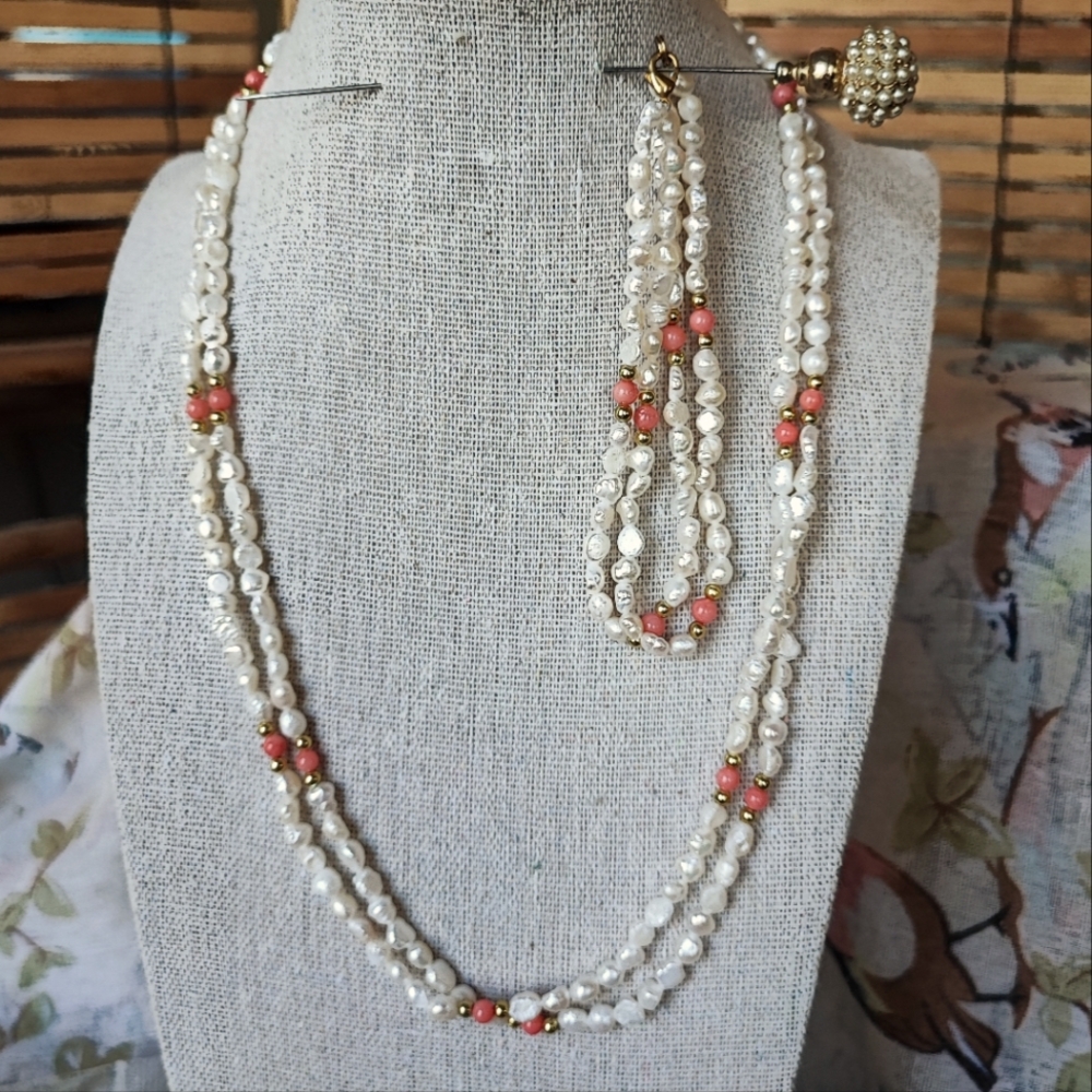 Gritty Fresh Water Pearl Dual Strand Necklace and Bracelet Coral Color Beads
